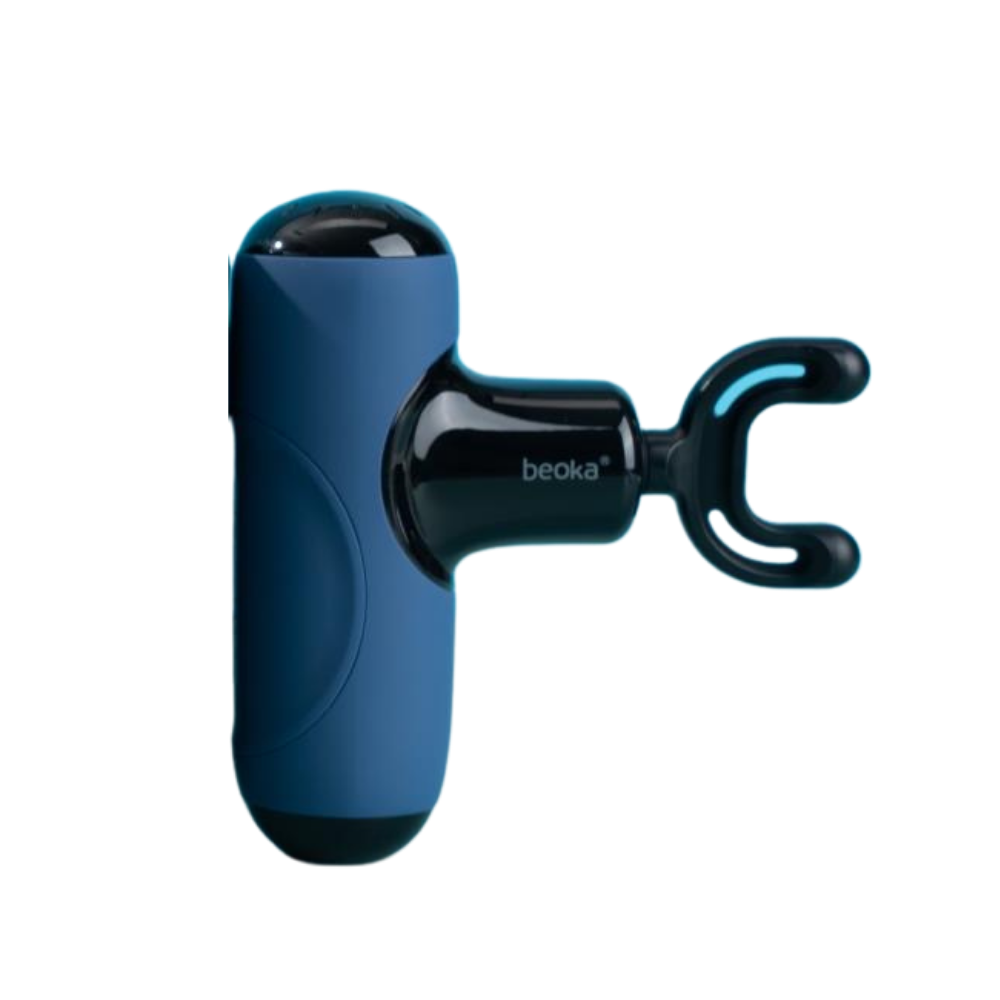 Beoka Q1 Super Mini Percussion Massage Gun in blue featuring a fork-shaped massage head for targeted deep tissue muscle relief.