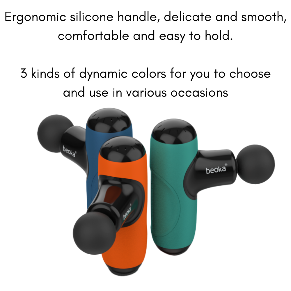 Beoka Q1 Super Mini Percussion Massage Guns in orange, blue, and teal with ergonomic silicone handles, offering comfortable grip and stylish color choices for versatile use.