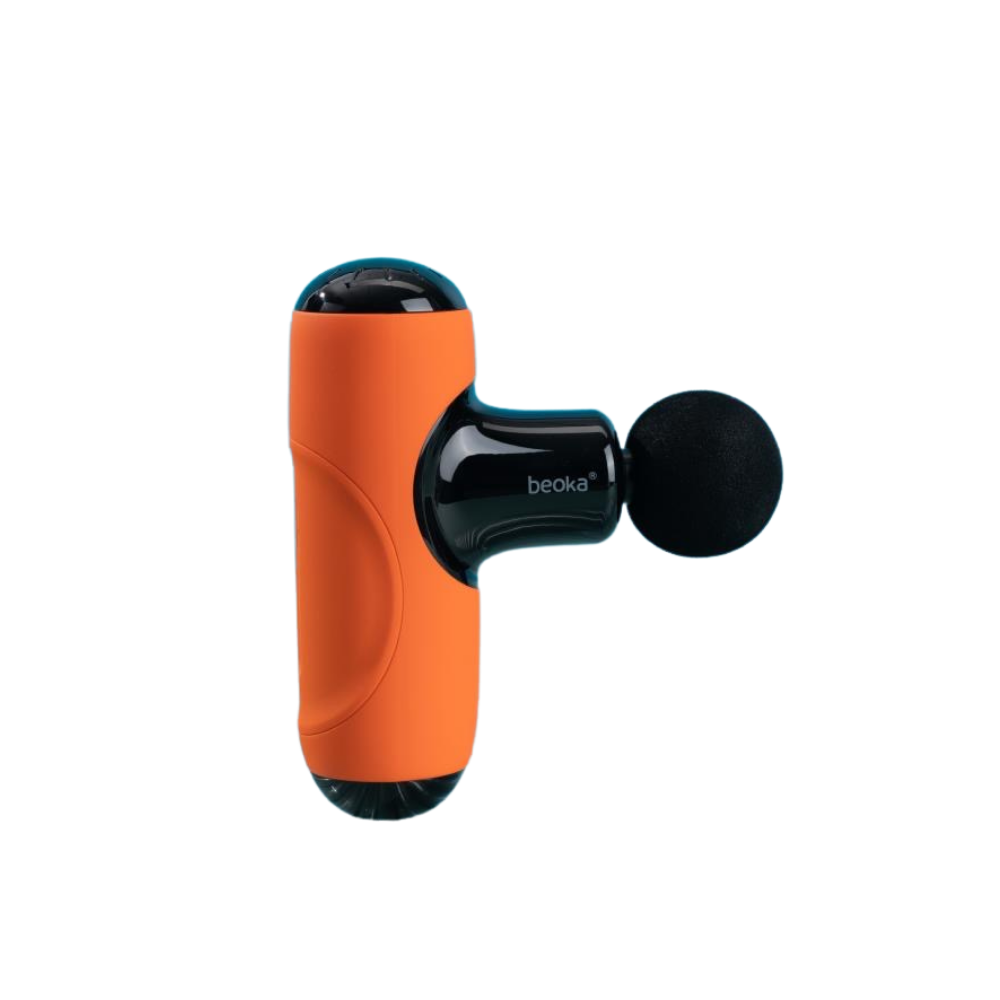 Beoka Q1 Super Mini Percussion Massage Gun in orange with round black head, compact design for portable deep tissue muscle massage and recovery.