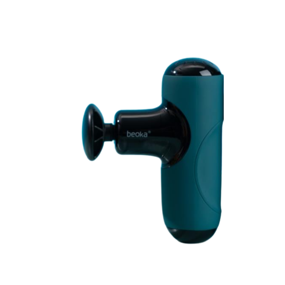 Beoka Q1 Super Mini Percussion Massage Gun in teal with round head, compact design for portable deep tissue muscle massage and recovery.
