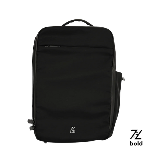 Bold 13L black minimalist backpack with front zipper pocket, top handle, and rectangular design, displayed on white background with Bold logo