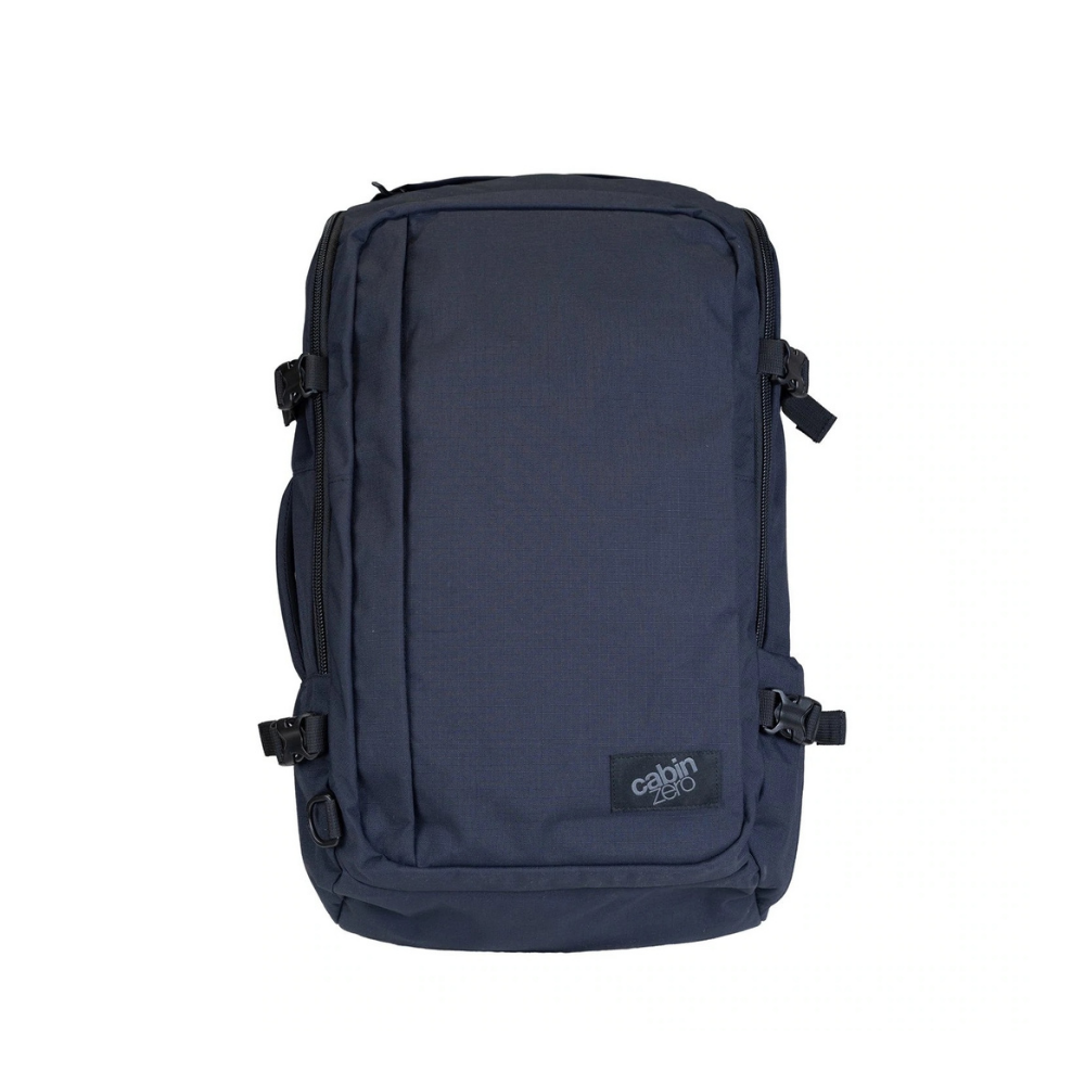 CabinZero ADV 42L Adventure Cabin Bag in Absolute Black, durable and spacious cabin-sized travel backpack with water-resistant fabric, Okoban tracking, and 25-year warranty available at Ideale Lifestyle