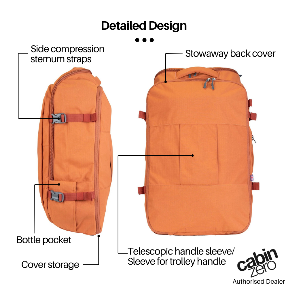 CabinZero ADV 42L Adventure Cabin Bag in Sahara Sand, detailed side and back view highlighting side compression sternum straps, bottle pocket, cover storage, stowaway back cover, and telescopic handle sleeve for trolley handle, available at Ideale Lifestyle