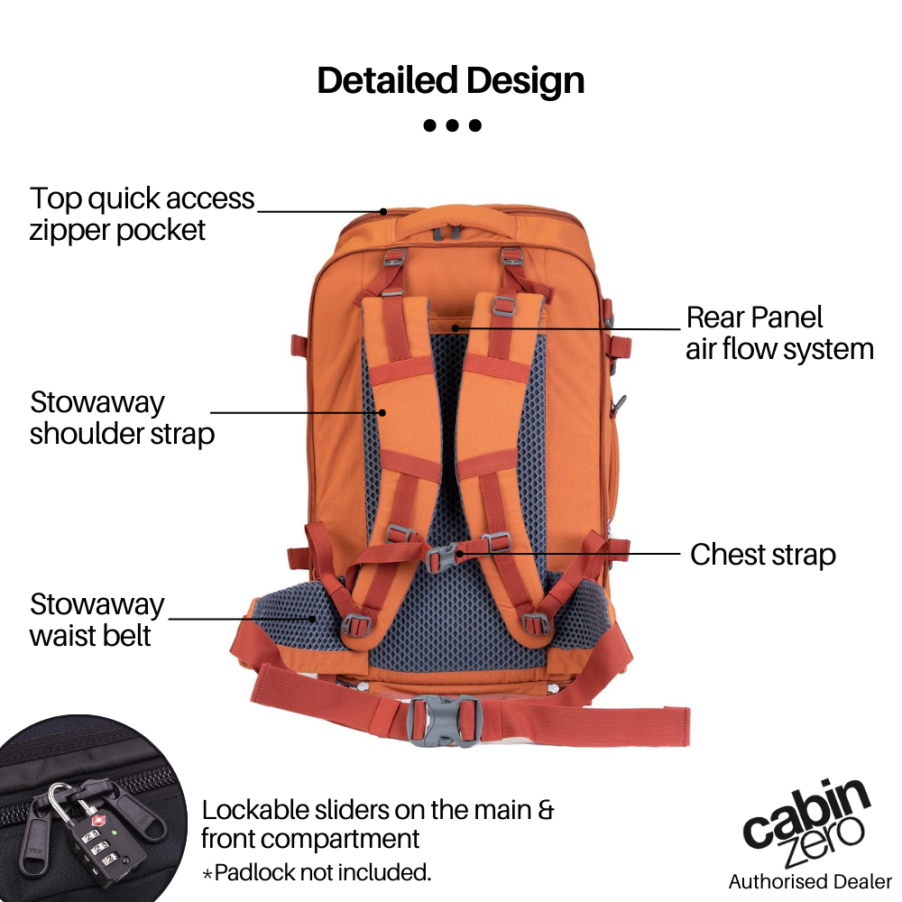 CabinZero ADV 42L Adventure Cabin Bag in Sahara Sand, detailed back view highlighting top quick access zipper pocket, stowaway shoulder straps and waist belt, rear panel airflow system, chest strap, and lockable slider zippers, available at Ideale Lifestyle