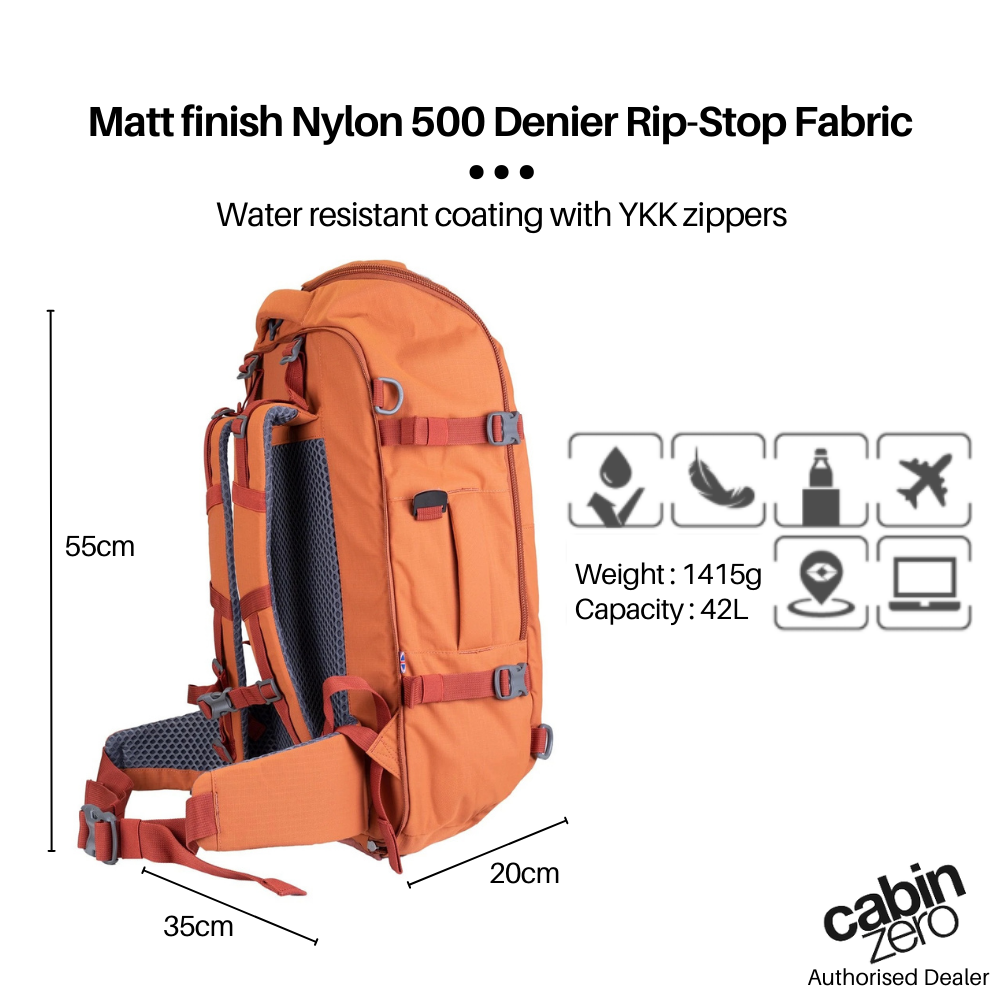 CabinZero ADV 42L Adventure Cabin Bag in Sahara Sand, showing side profile with specifications: 55x35x20cm, 1415g, water-resistant nylon, YKK zippers, lightweight cabin backpack for travel, available at Ideale Lifestyle