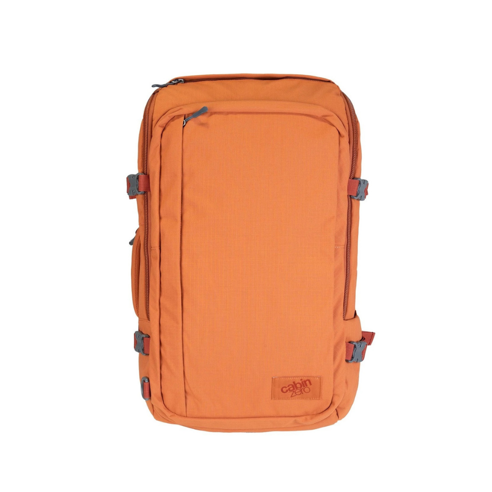 CabinZero ADV 42L Adventure Cabin Bag in Sahara Sand orange, lightweight cabin-sized travel backpack with water-resistant fabric, Okoban tracking, and 25-year warranty available at Ideale Lifestyle