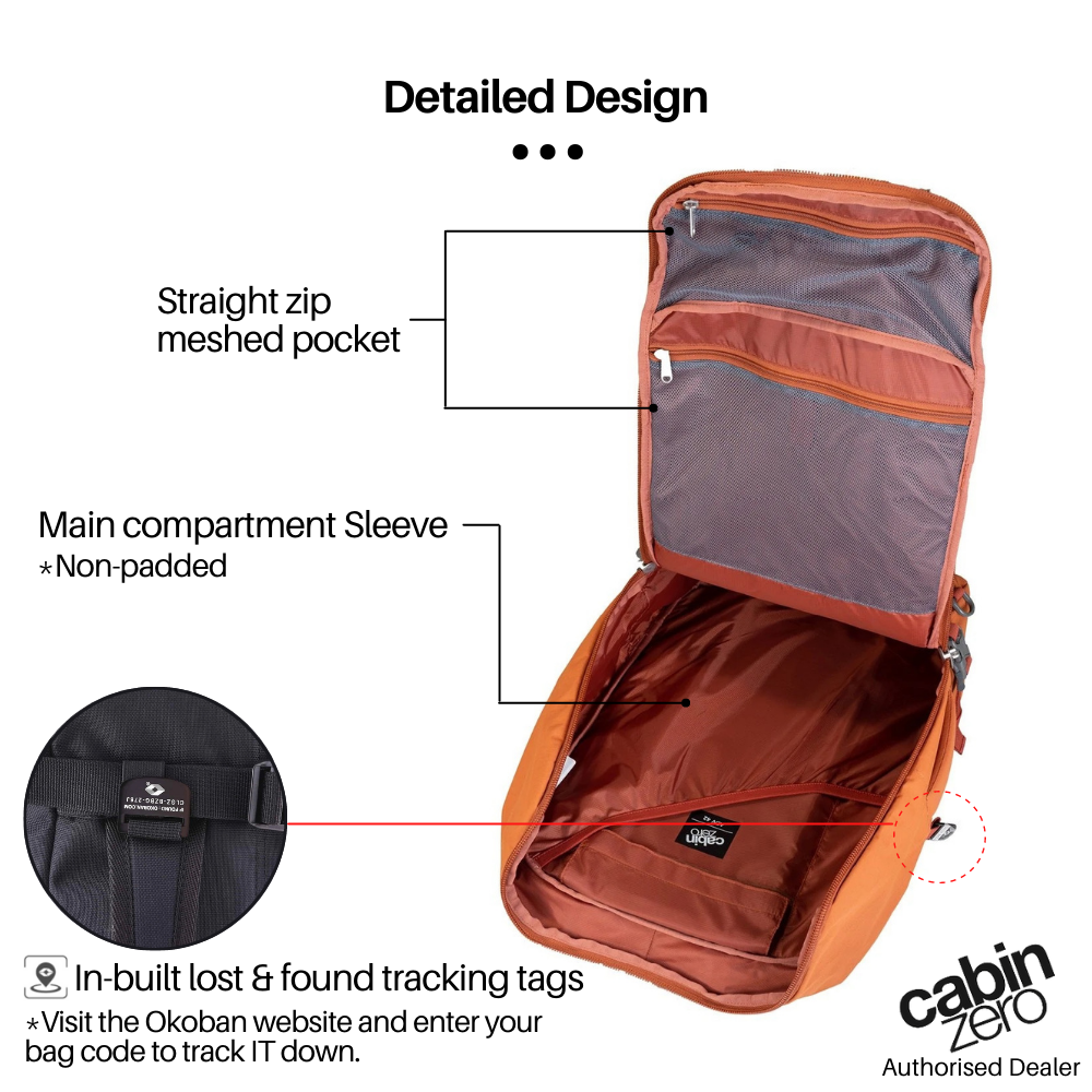 CabinZero ADV 42L Adventure Cabin Bag in Sahara Sand, open view highlighting straight zip mesh pocket, non-padded main compartment sleeve, and in-built Okoban lost and found tracking tag, available at Ideale Lifestyle