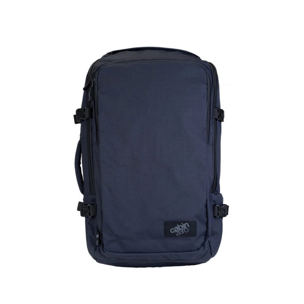 CabinZero ADV Pro 42L Adventure Cabin Bag in Absolute Black, front view, showcasing lightweight, water-resistant travel backpack.