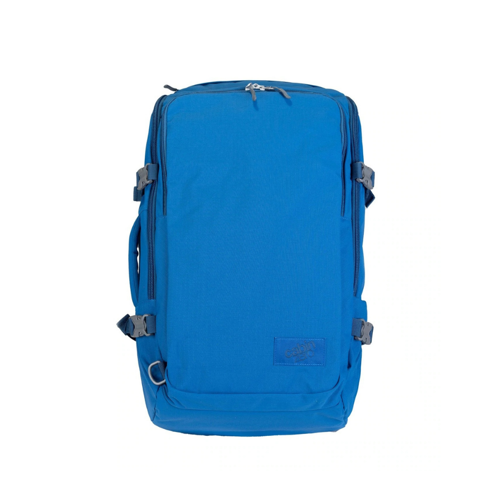 CabinZero ADV Pro 42L Adventure Cabin Bag in Atlantic Blue, front view, featuring water-resistant and lightweight travel backpack design.