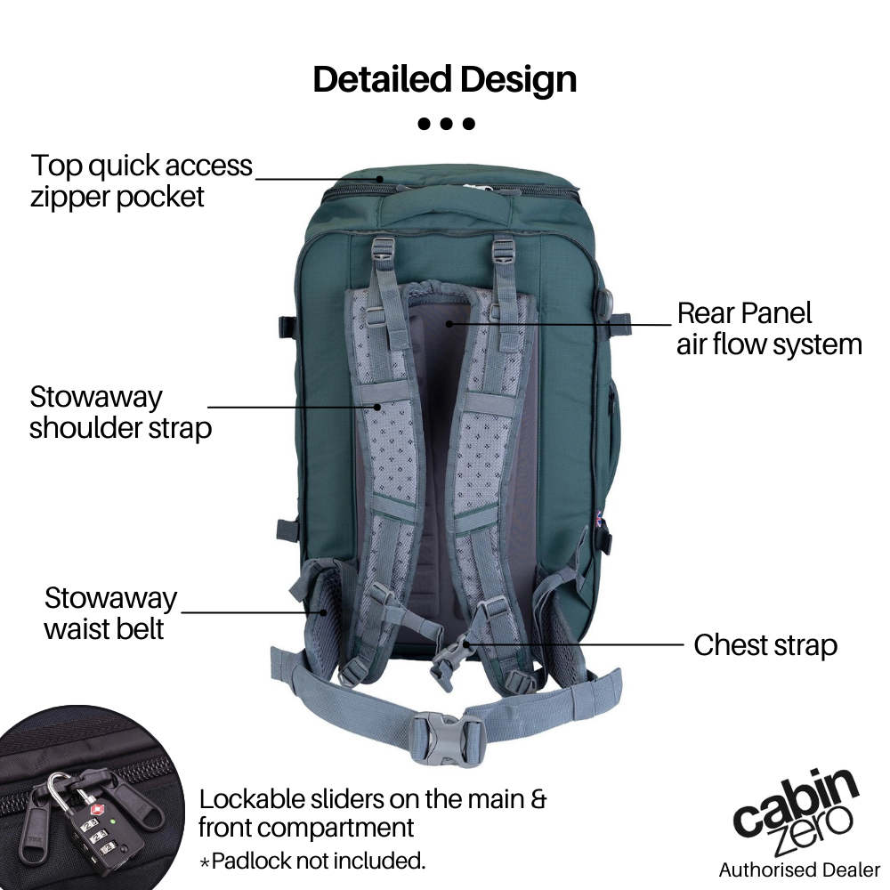 CabinZero ADV Pro 42L Adventure Cabin Bag in Mossy Forest, back view highlighting stowaway shoulder straps, waist belt, chest strap, rear panel airflow, and lockable zippers for secure travel.