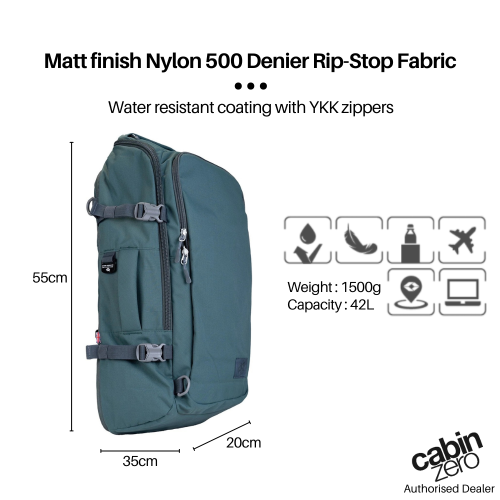 CabinZero ADV Pro 42L Adventure Cabin Bag in Mossy Forest, side view showing 55x35x20cm dimensions, 1500g weight, 42L capacity, and water-resistant rip-stop nylon fabric with YKK zippers.