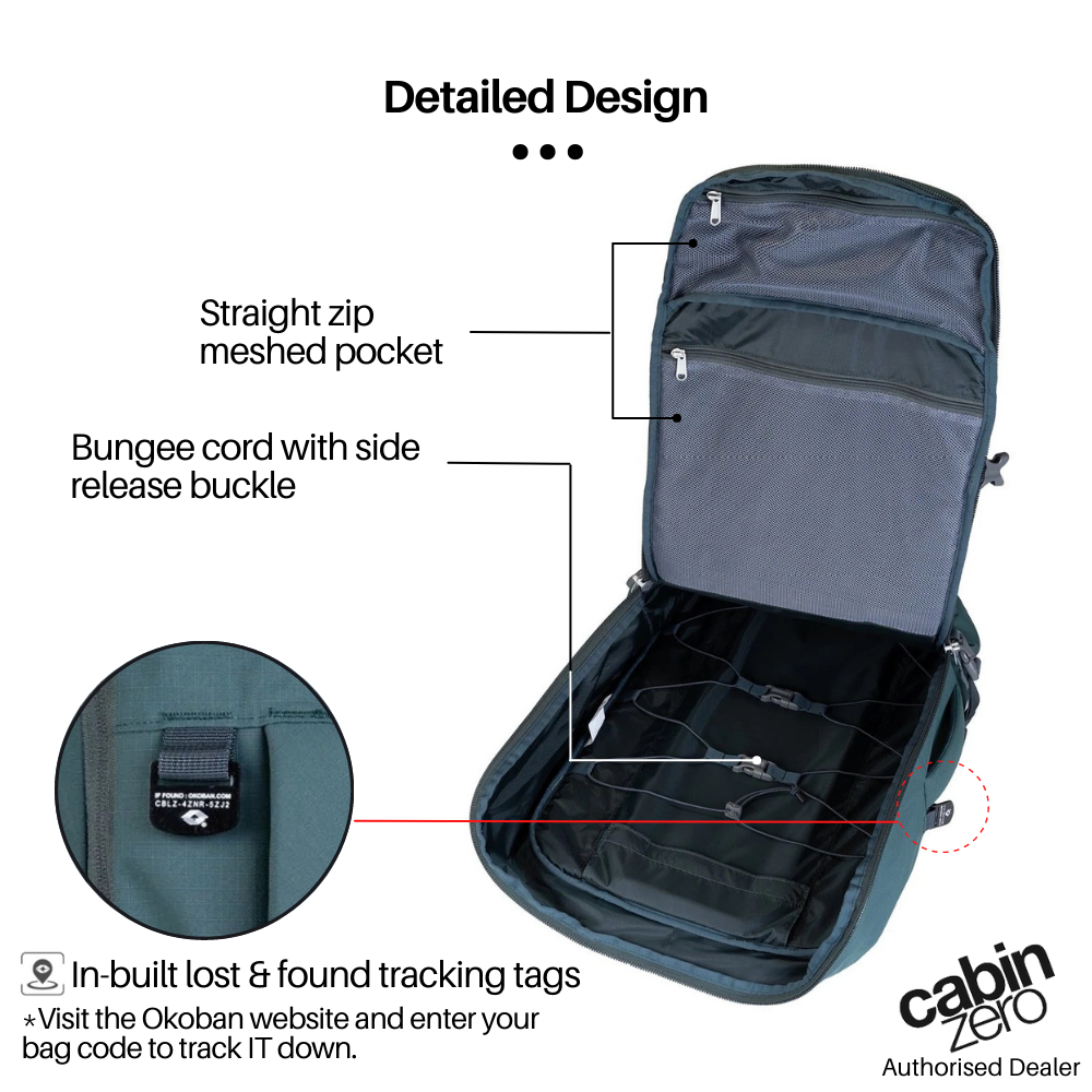 CabinZero ADV Pro 42L Adventure Cabin Bag in Mossy Forest, showing detailed design with straight zip mesh pockets, bungee cord side release buckle, and built-in Okoban lost & found tracking tags.