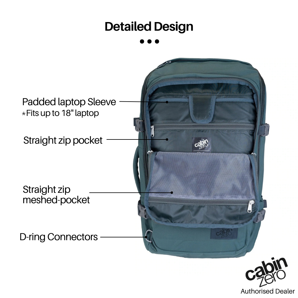 CabinZero ADV Pro 42L Adventure Cabin Bag in Mossy Forest, front compartment showing padded laptop sleeve (fits up to 18-inch), straight zip pockets, mesh pocket, and D-ring connectors.