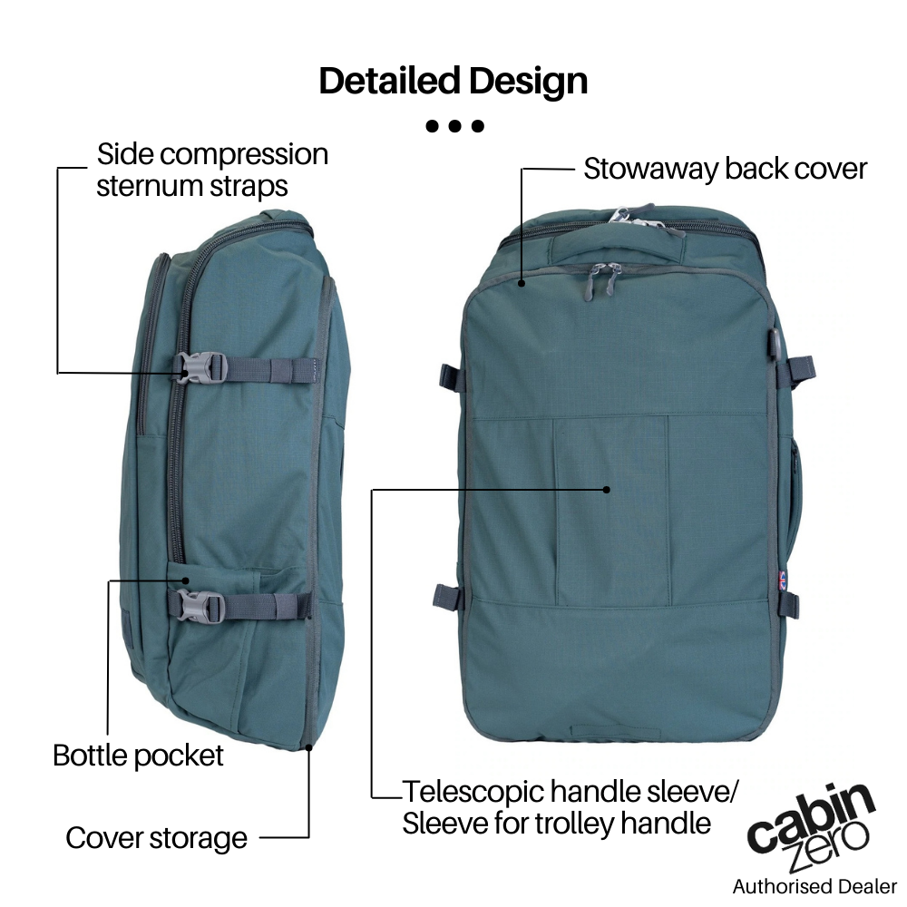 CabinZero ADV Pro 42L Adventure Cabin Bag in Mossy Forest, side and back views featuring side compression straps, bottle pocket, stowaway back cover, and sleeve for trolley handle.