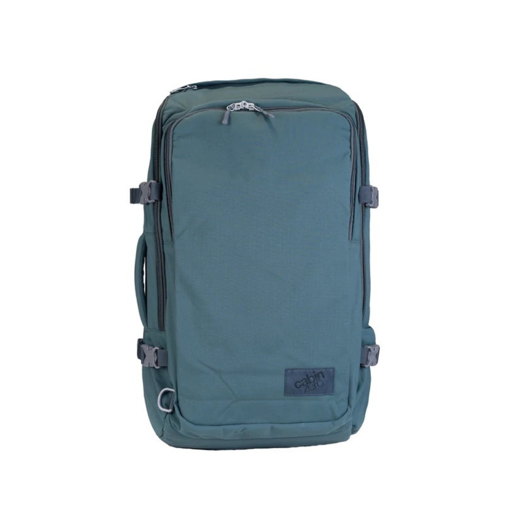 CabinZero ADV Pro 42L Adventure Cabin Bag in Mossy Forest green, front view, designed for lightweight water-resistant travel and adventure.