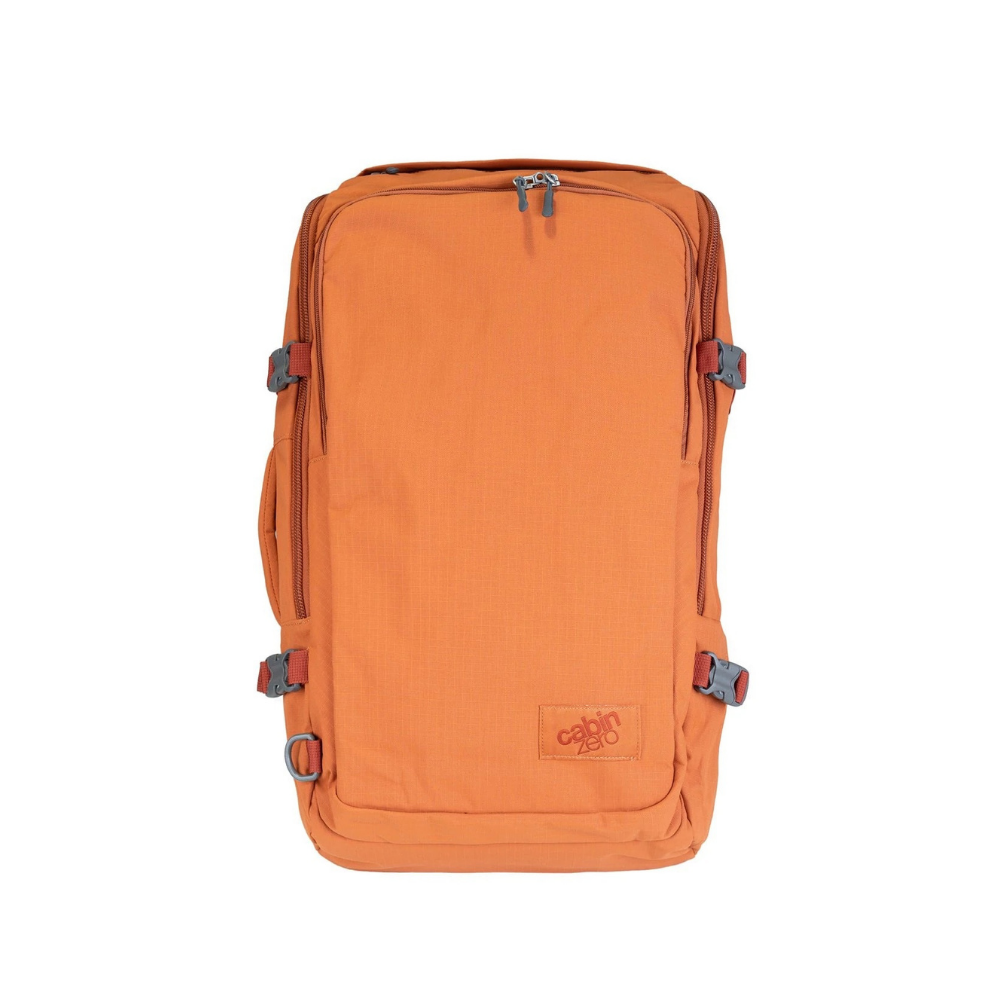 CabinZero ADV Pro 42L Adventure Cabin Bag in orange, front view, showing durable water-resistant travel backpack design.