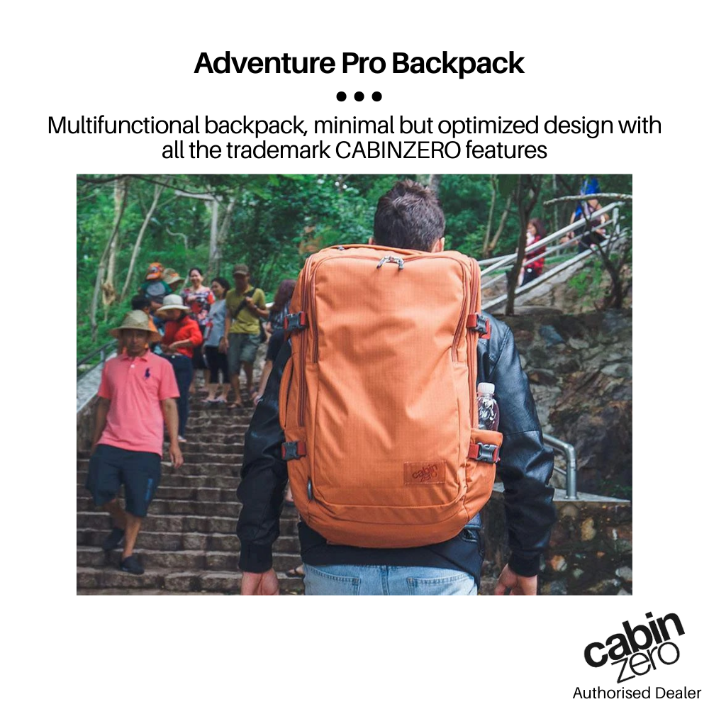 Traveler wearing CabinZero ADV Pro 42L Adventure Cabin Bag in Sahara Desert color, showcasing multifunctional, optimized backpack design for hiking and travel adventures