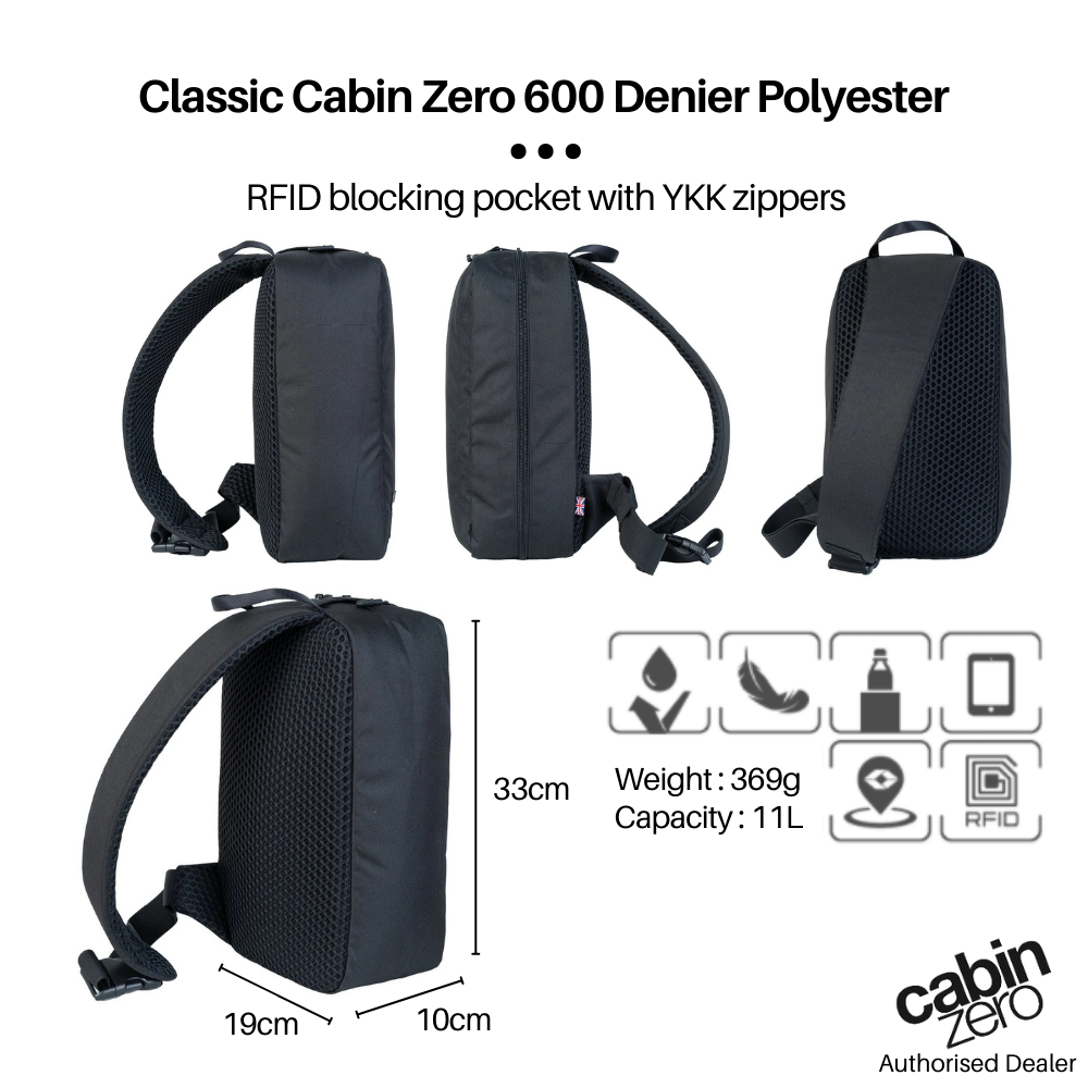 CabinZero Classic Cross Body 11L Companion Bag infographic showing 600D polyester, RFID blocking pocket, YKK zippers, 33x19x10cm dimensions, 369g weight, 11L capacity, water-resistant and lightweight features