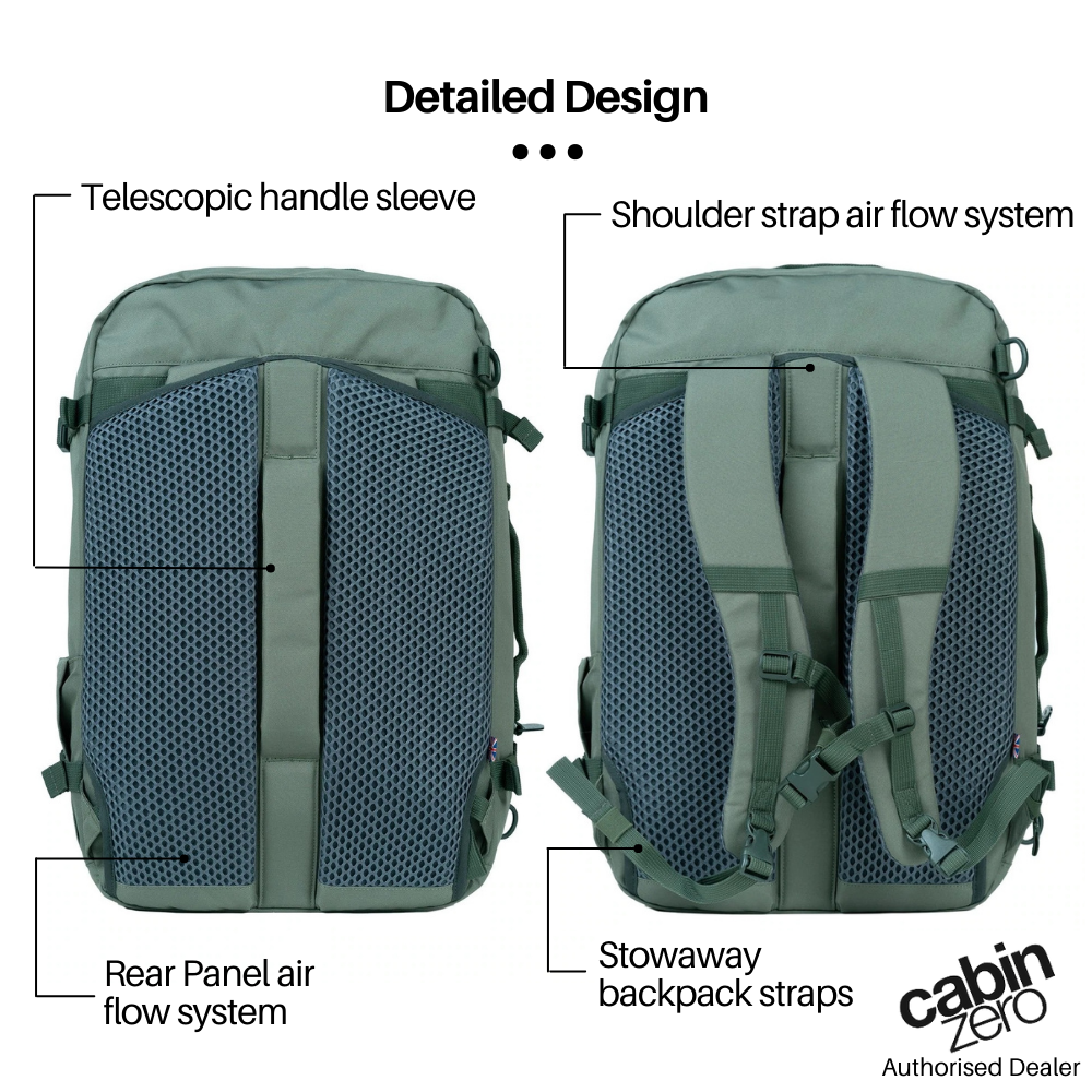CabinZero Classic Plus 42L travel cabin bag in georgian khaki, showing detailed design with air flow system, telescopic handle sleeve, and stowaway backpack straps