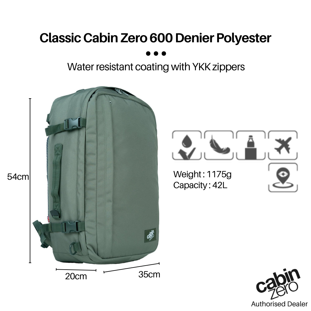 CabinZero Classic Plus 42L travel cabin bag in georgian khaki, 54x35x20cm, 1175g, water resistant polyester with YKK zippers