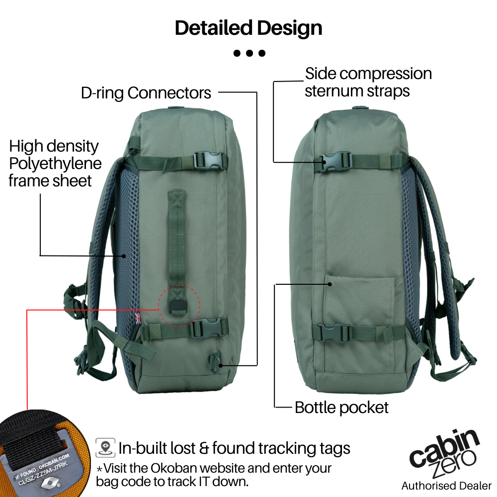 CabinZero Classic Plus 42L travel cabin bag in georgian khaki, side view showing D-ring connectors, compression sternum straps, bottle pocket, polyethylene frame sheet, and built-in lost and found tracking tag