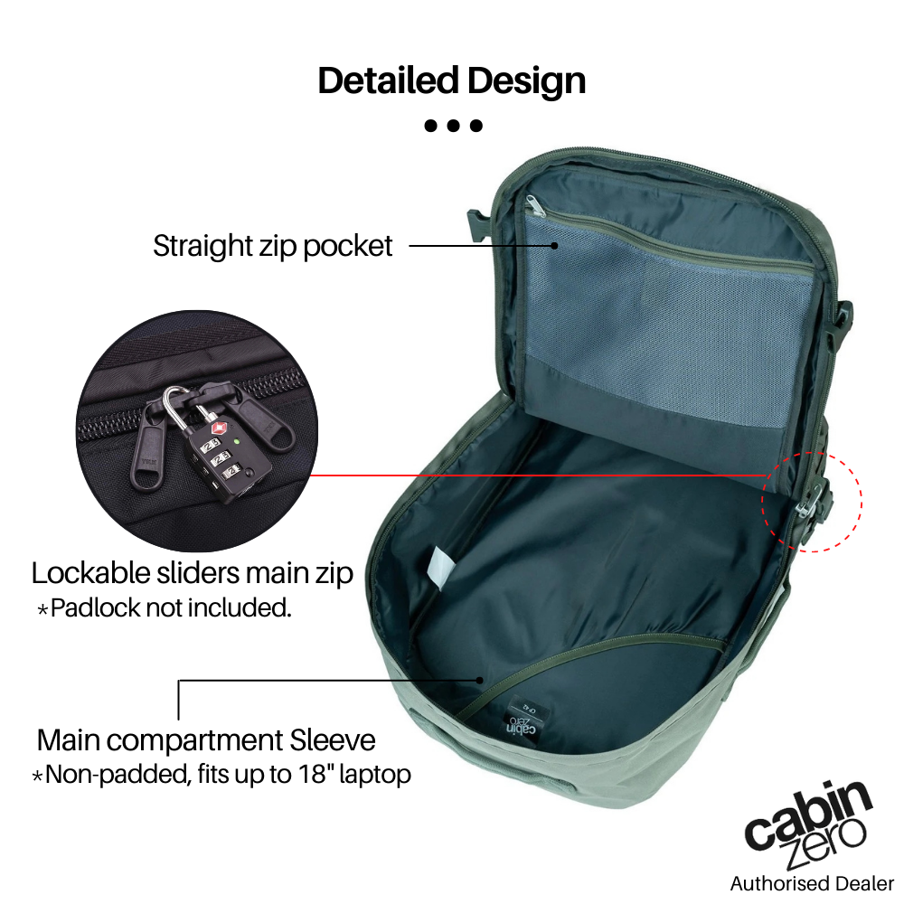 CabinZero Classic Plus 42L travel cabin bag in georgian khaki, open view showing main compartment sleeve for 18-inch laptop, lockable main zip, and inside zip pocket