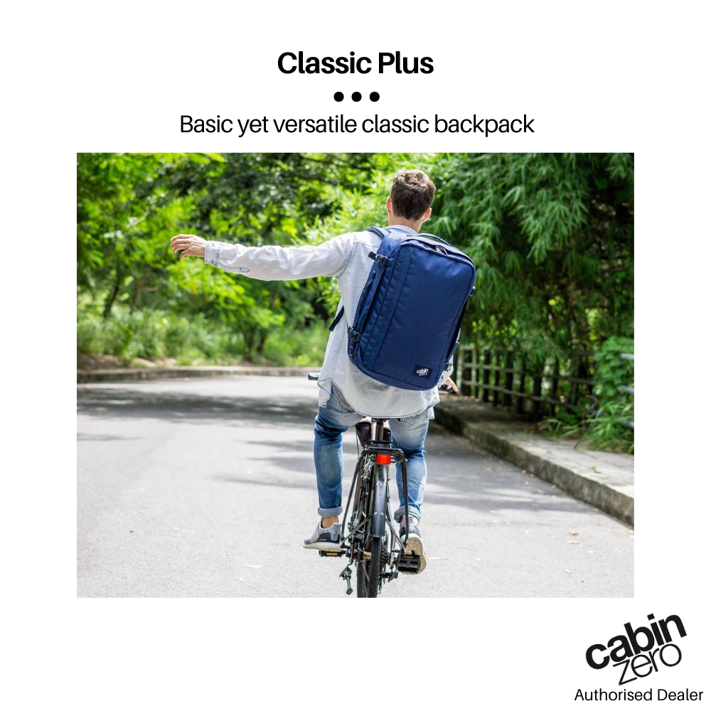 CabinZero Classic Plus 42L navy travel cabin bag worn by cyclist, showcasing versatile and comfortable backpack for travel and commuting