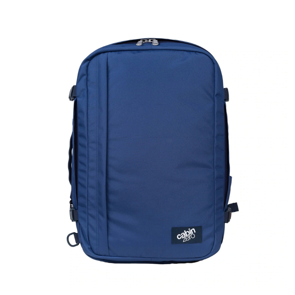 CabinZero Classic Plus 42L travel cabin bag in navy color, lightweight carry-on backpack for travel