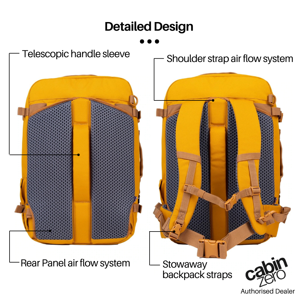 CabinZero Classic Pro 42L Travel Cabin Bag in Orange Chill, showing airflow system, telescopic handle sleeve, and stowaway backpack straps detailed design