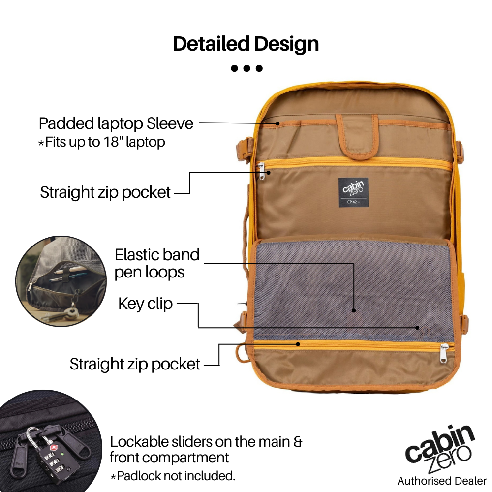 CabinZero Classic Pro 42L Travel Cabin Bag in Orange Chill, interior design showing padded laptop sleeve, zip pockets, pen loops, key clip, and lockable sliders