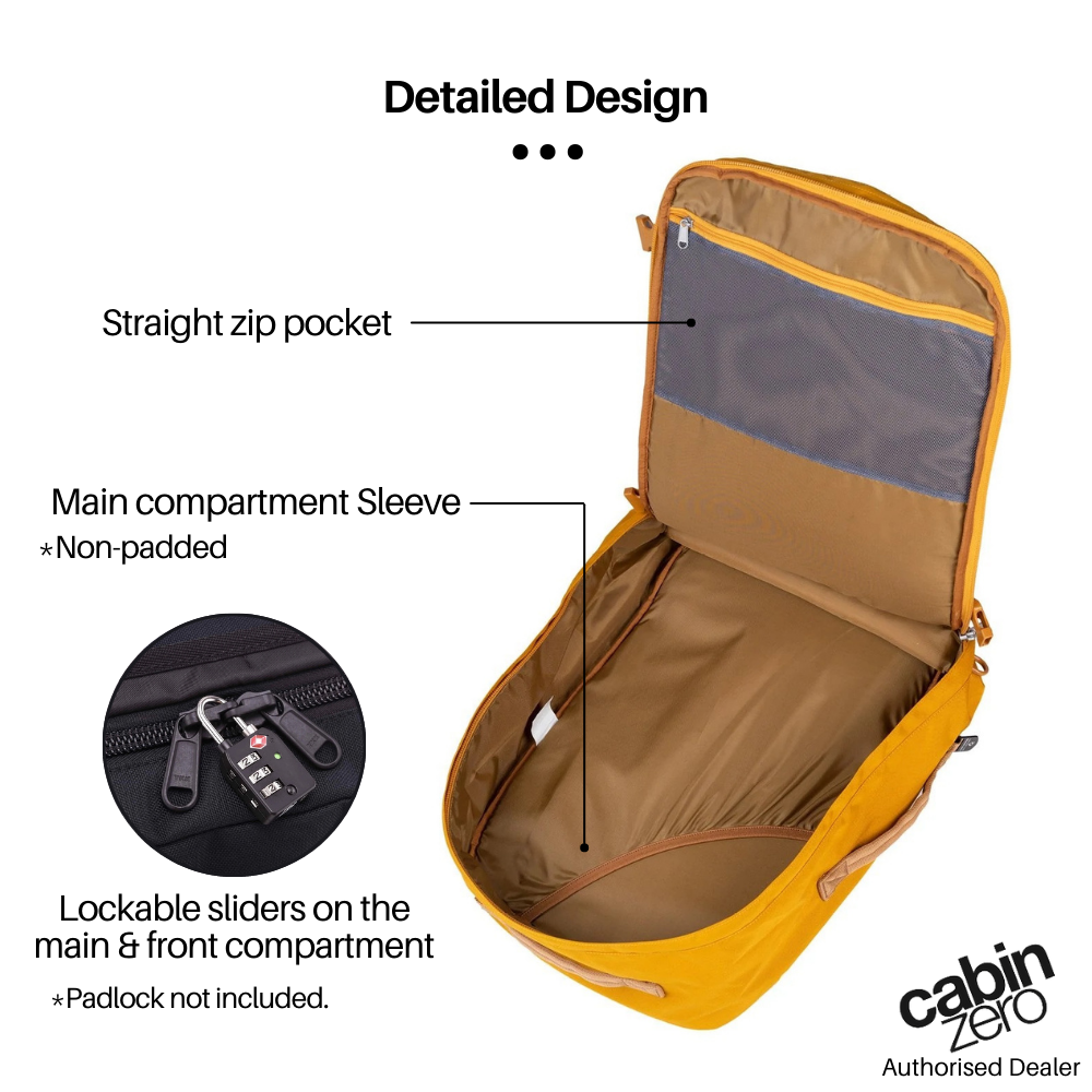 CabinZero Classic Pro 42L Travel Cabin Bag in Orange Chill, open view showing straight zip pocket, main compartment sleeve, and lockable sliders