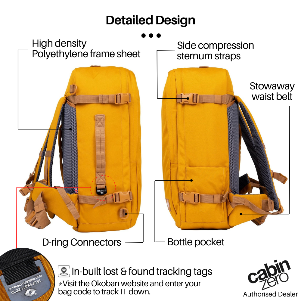 CabinZero Classic Pro 42L Travel Cabin Bag in Orange Chill, side design features with bottle pocket, D-ring connectors, polyethylene frame sheet, compression straps, stowaway waist belt, and Okoban lost & found tag
