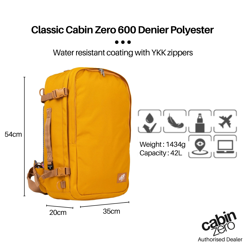 CabinZero Classic Pro 42L Travel Cabin Bag in Orange Chill, 600D polyester, water resistant, carry-on size, specs and features shown