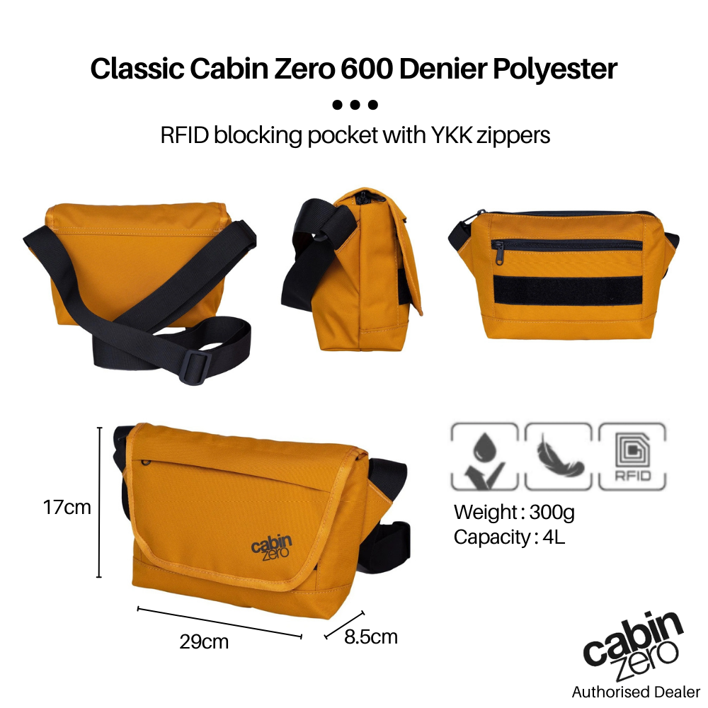 CabinZero Flapjack Shoulder Bag 4L Companion Bag in Orange Chill – RFID pocket, YKK zippers, water-resistant lightweight 300g crossbody, 29x17x8.5cm