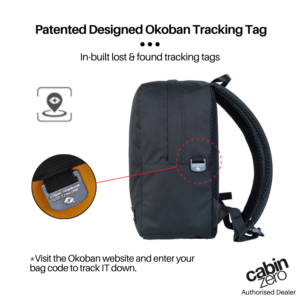 CabinZero Flight 12L Companion Bag absolute black showing patented Okoban tracking tag for lost and found
