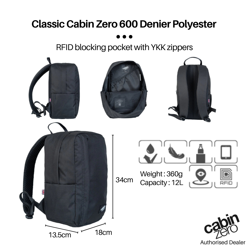 CabinZero Flight 12L Companion Bag absolute black showing size, capacity 12L, RFID pocket, YKK zippers