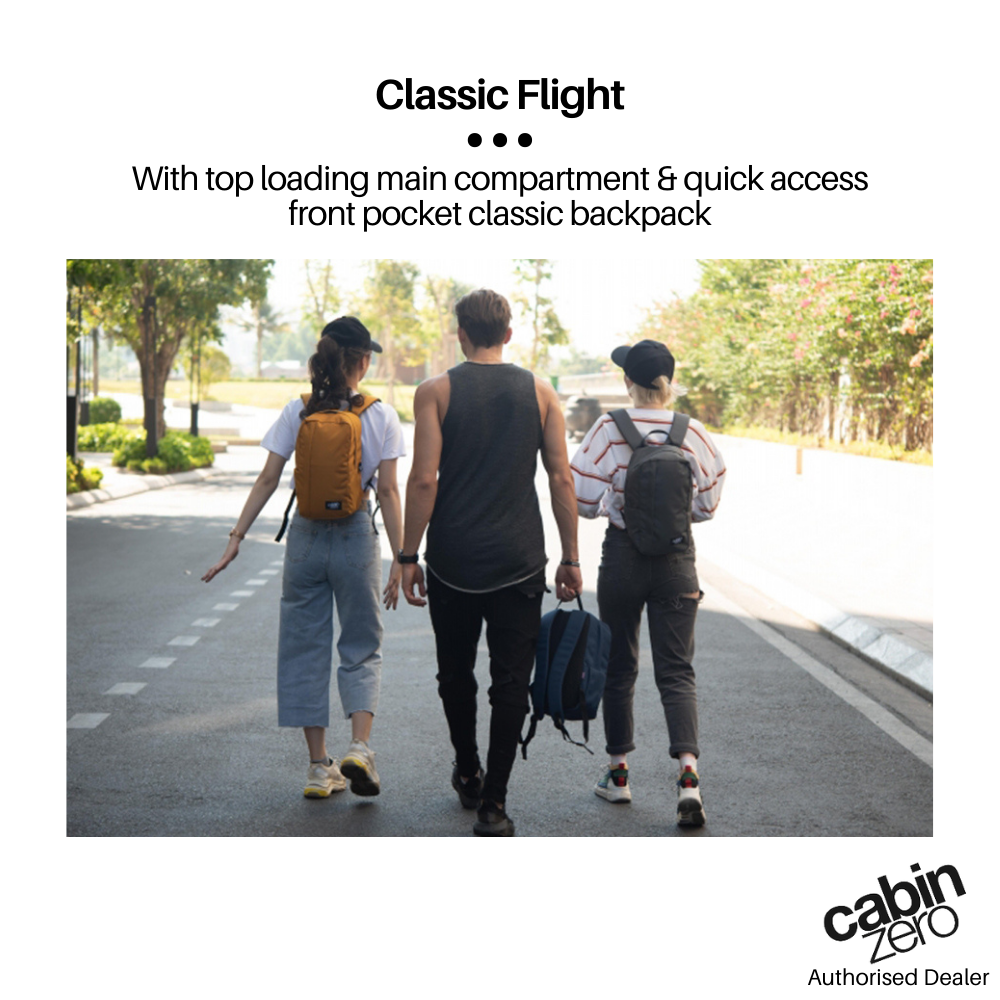 Three travelers with CabinZero Flight 12L Companion Bags outdoors, stylish compact daypacks for travel