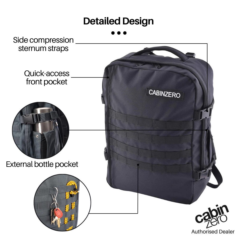 CabinZero Military 36L backpack design highlights: side compression sternum straps, quick-access front pocket, and external bottle pocket for easy organization and travel convenience, ideal tactical carry-on bag