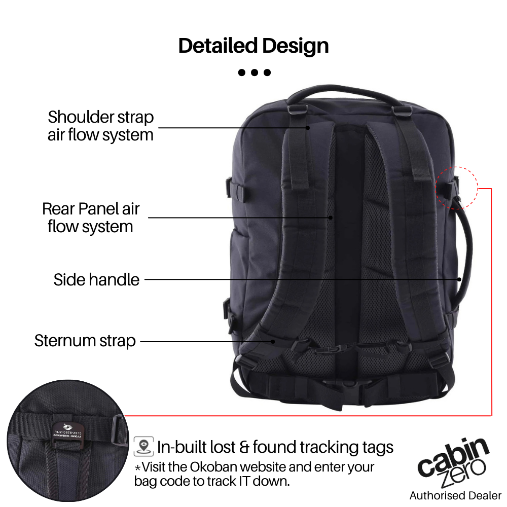 CabinZero Military 36L backpack detailed design, showing airflow system shoulder straps, rear panel airflow, side handle, sternum strap, and in-built Okoban lost & found tracking tags for secure, comfortable, and organized travel