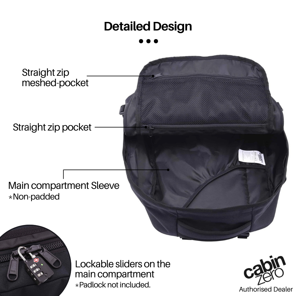 CabinZero Military 36L backpack interior: straight zip mesh pocket, straight zip pocket, non-padded main compartment sleeve, lockable sliders for main compartment (padlock not included) for organized, secure packing