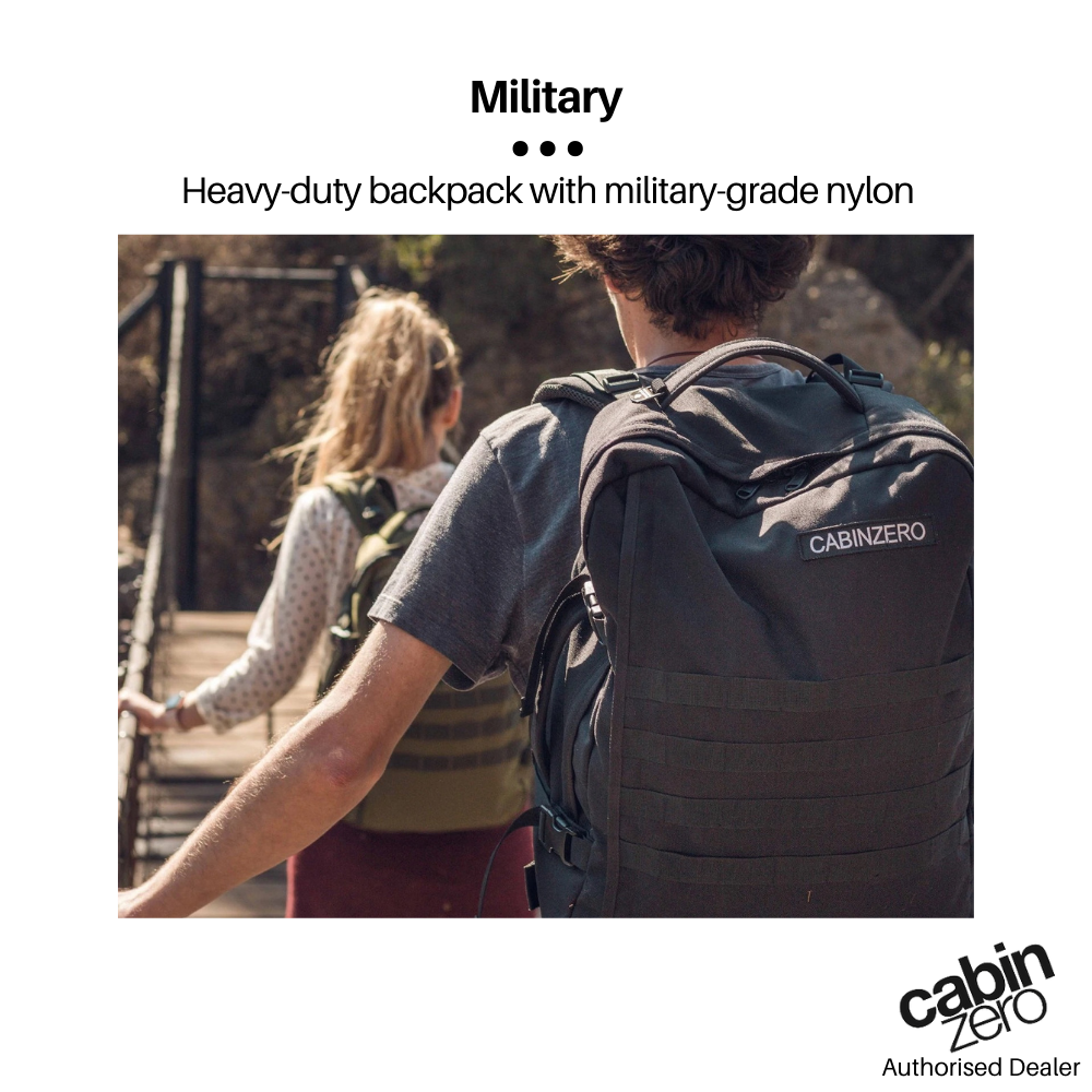 CabinZero Military 36L heavy-duty backpack for outdoor adventures, military-grade nylon, durable water-resistant rucksack, ideal for hiking, travel, and outdoor activities