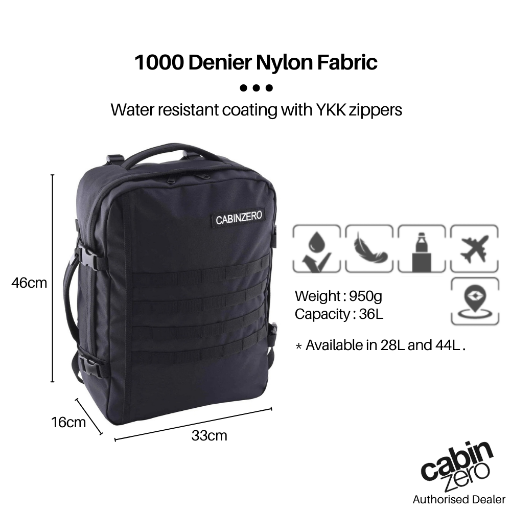 CabinZero Military 36L backpack, 1000 denier nylon fabric, water-resistant coating, YKK zippers, weight 950g, dimensions 46x33x16cm, tactical rucksack with MOLLE webbing, lightweight, available in 28L and 44L