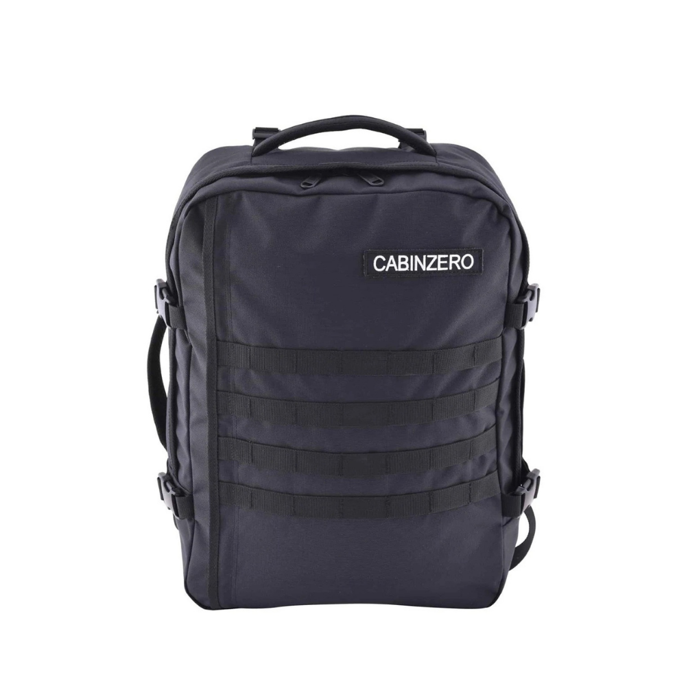 CabinZero Military 36L backpack in Black color, tactical water-resistant travel rucksack with MOLLE webbing, lightweight, spacious carry-on cabin bag for outdoor and adventure travel