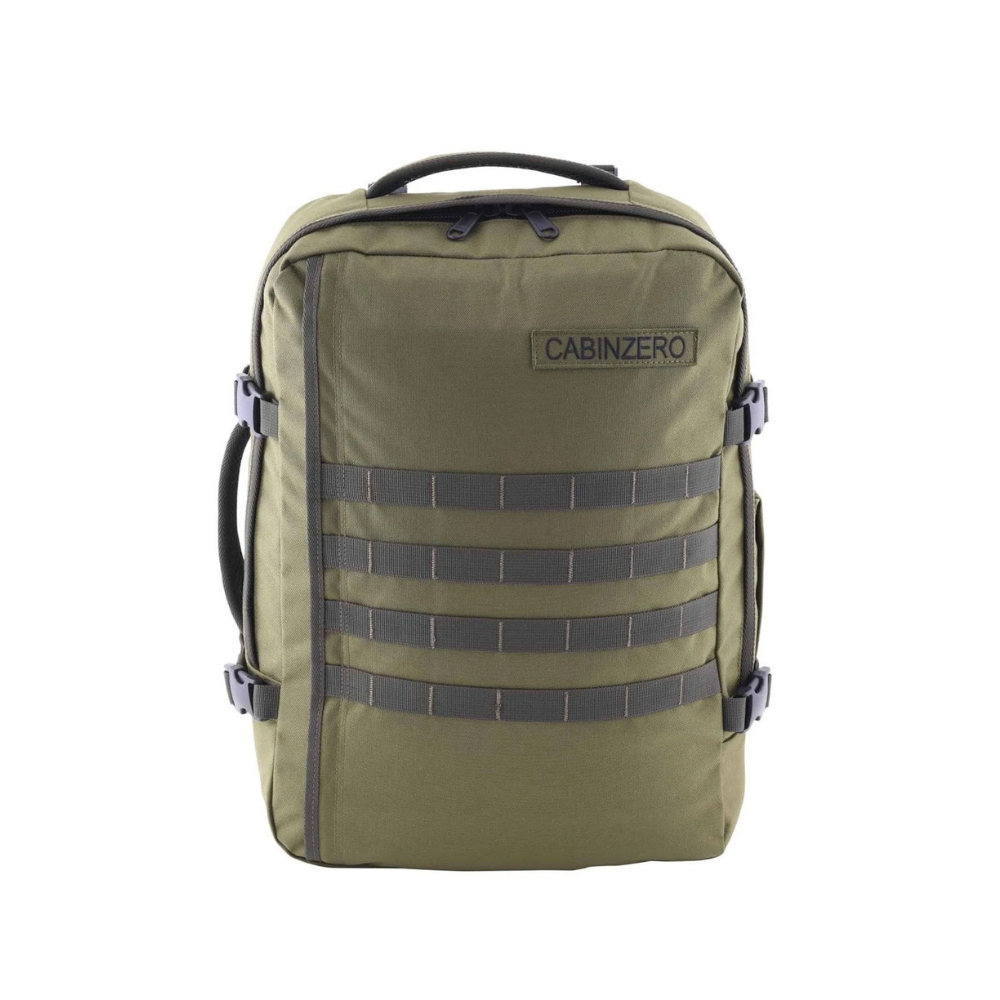 CabinZero Military 36L backpack in Green color, tactical water-resistant travel rucksack with MOLLE webbing, lightweight, spacious carry-on cabin bag for outdoor and adventure travel
