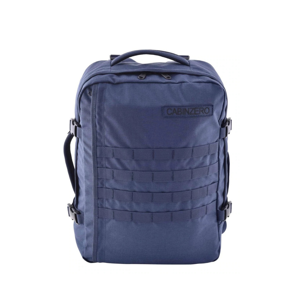 CabinZero Military 36L backpack in Navy color, tactical water-resistant travel rucksack with MOLLE webbing, lightweight and spacious carry-on cabin bag for outdoor and adventure travel