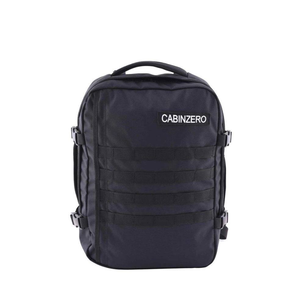 CabinZero Military 28L backpack in absolute black, versatile travel gear for outdoor adventures and daily commuting