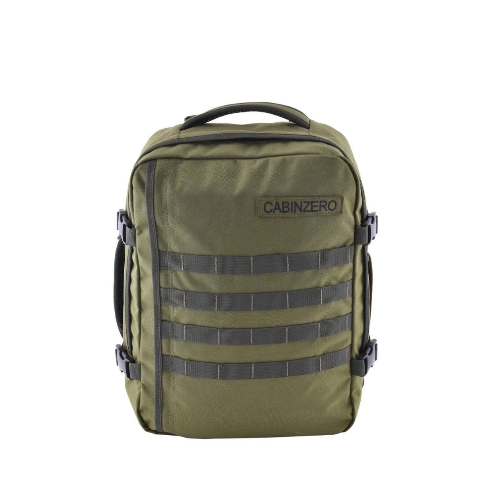 CabinZero Military Backpack 28L in army green, front view showing MOLLE webbing and top handle – durable travel gear for adventure and urban use