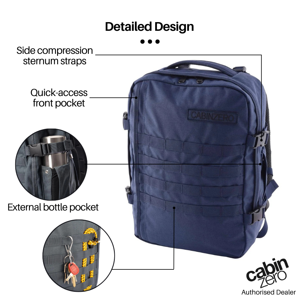 CabinZero Military Backpack 28L detailed front view showing side compression and sternum straps, quick-access front pocket, and external bottle pocket with key holder for travel and outdoor use