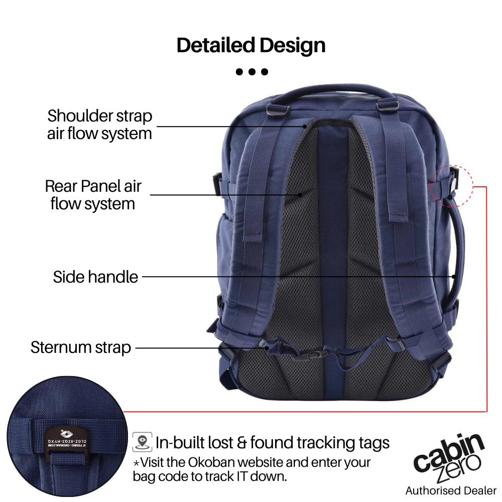 CabinZero Military Backpack 28L detailed design, rear view showing shoulder strap air flow system, rear panel ventilation, side handle, sternum strap, and in-built lost and found tracking tag