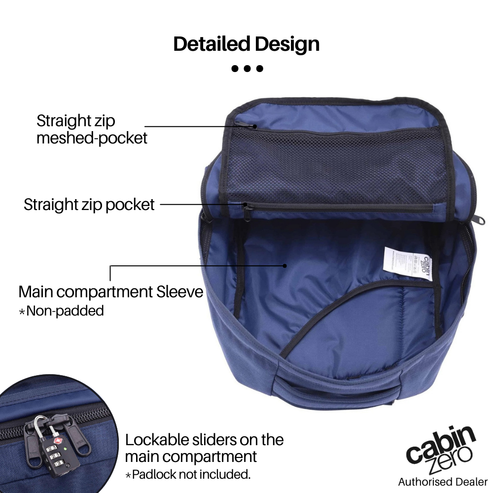CabinZero Military Backpack 28L main compartment with mesh pocket, straight zip pocket, non-padded sleeve, and lockable sliders for added security and organized travel